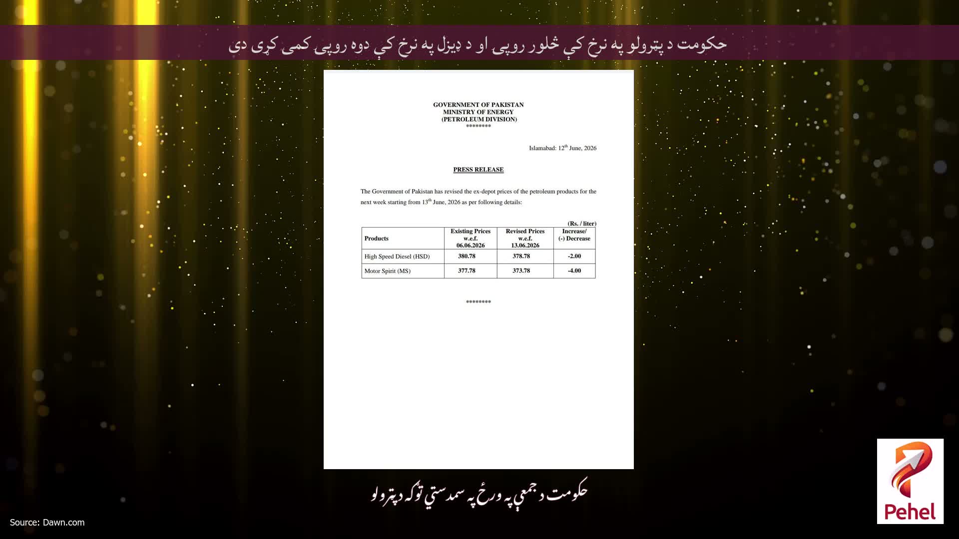 حکومت د پټرولو په نرخ کې څلور روپۍ او د ډیزل په نرخ کې دوه روپۍ کمی کړی دی