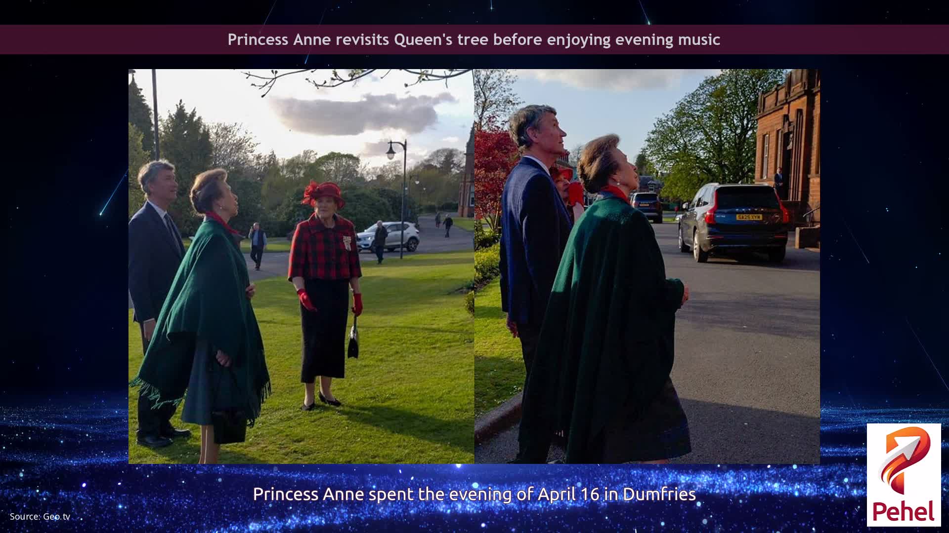 Princess Anne revisits Queen's tree before enjoying evening music