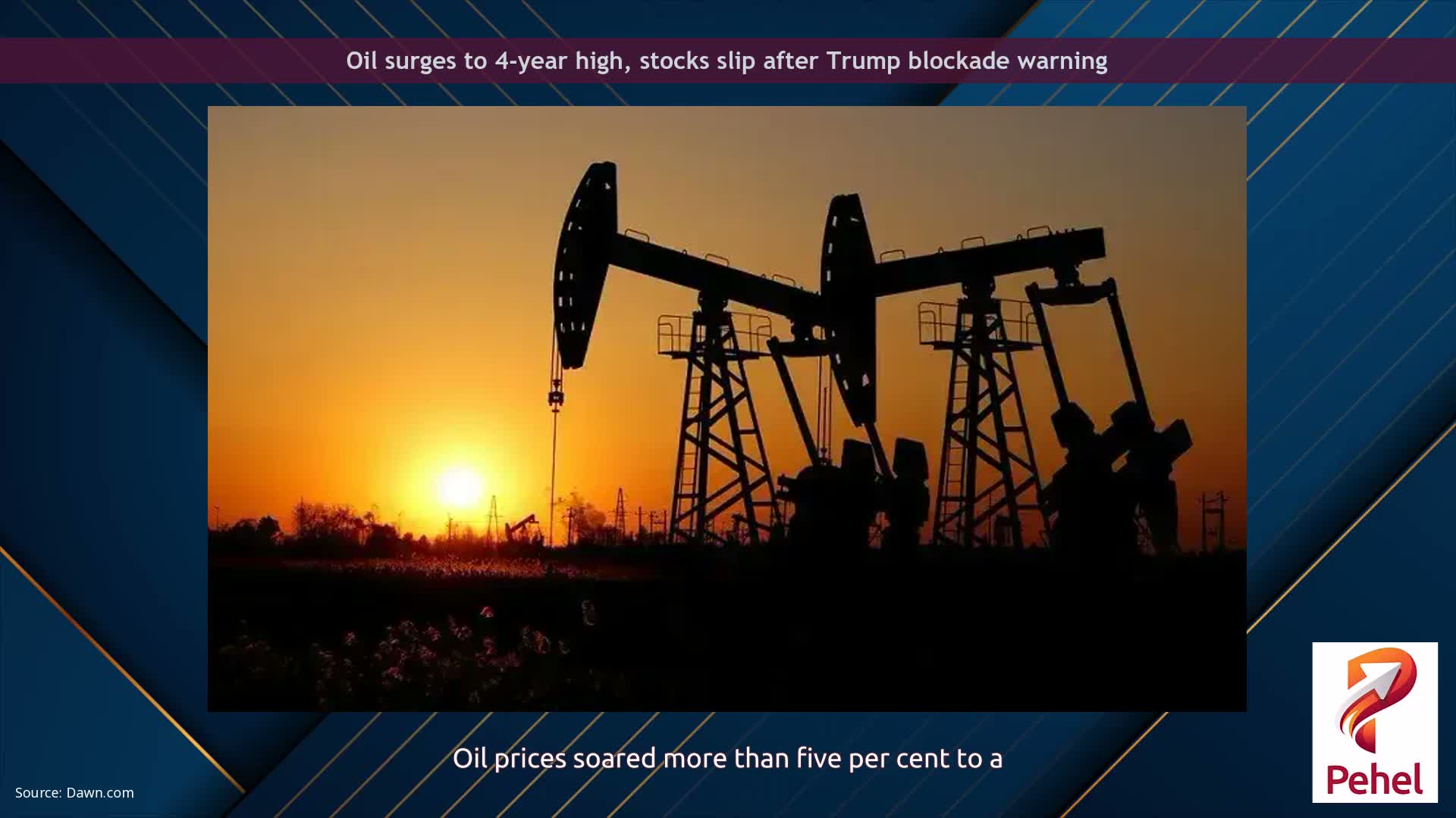 Oil surges to 4-year high, stocks slip after Trump blockade warning