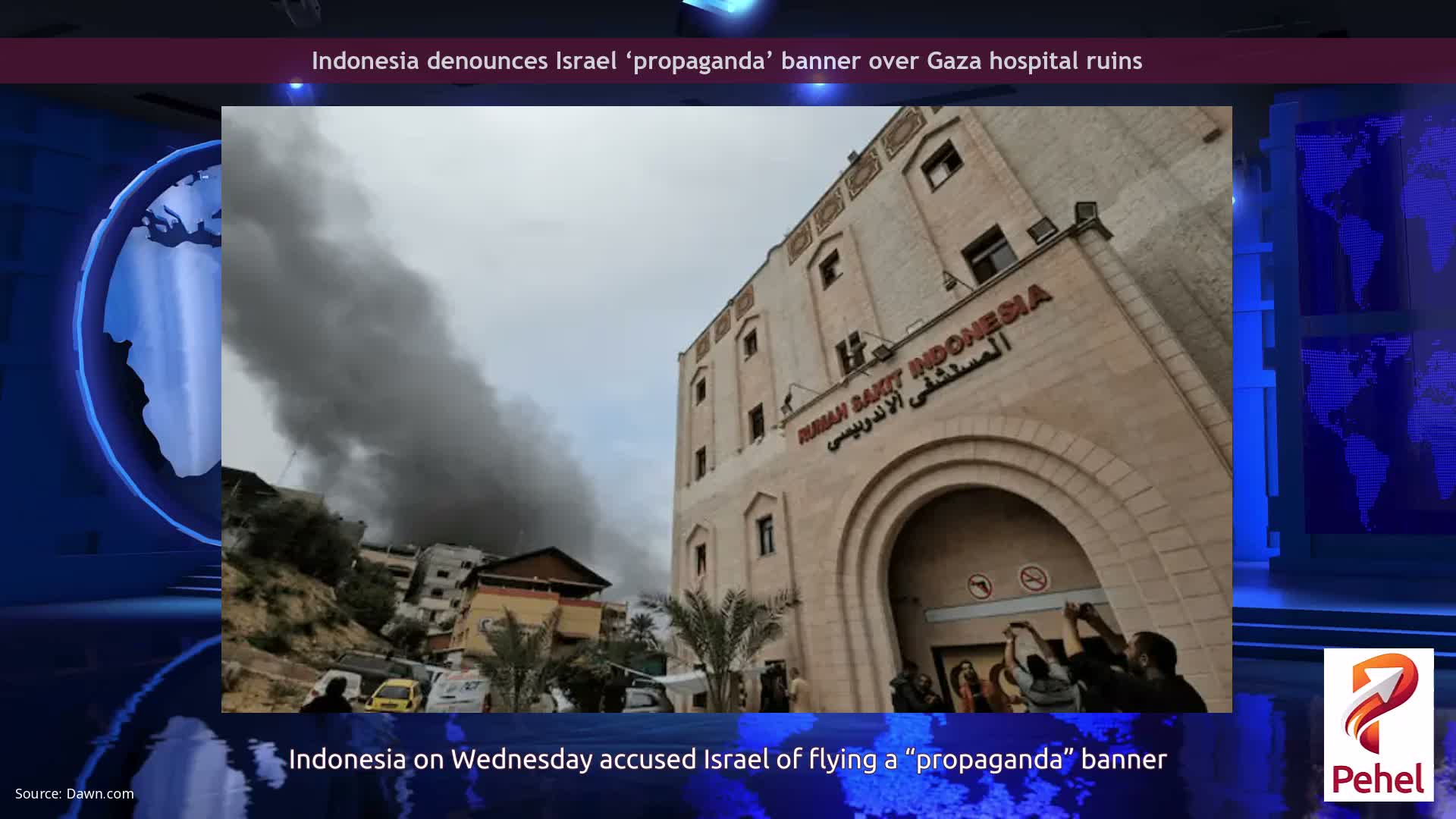 Indonesia denounces Israel ‘propaganda’ banner over Gaza hospital ruins