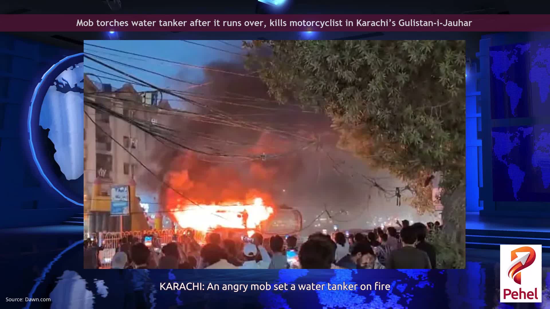 Mob torches water tanker after it runs over, kills motorcyclist in Karachi’s Gulistan-i-Jauhar