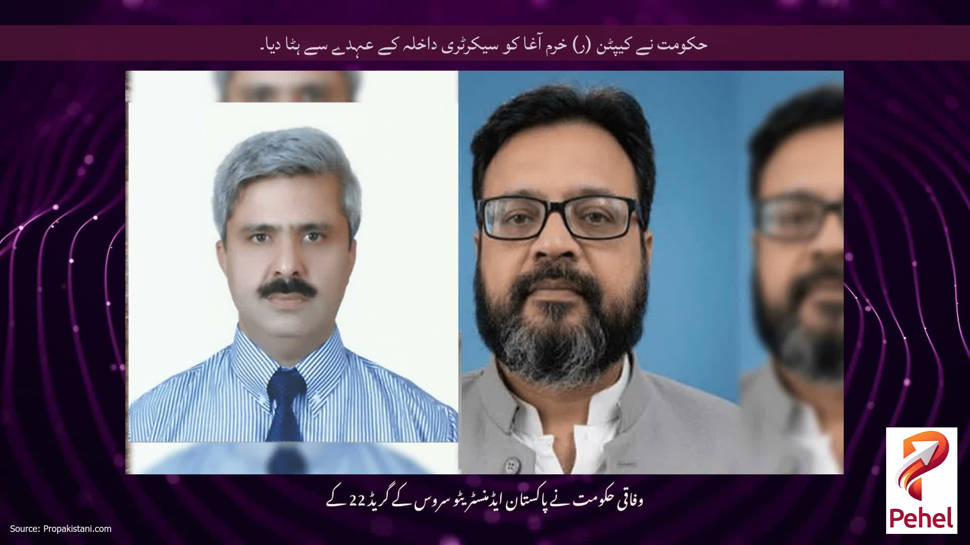 حکومت نے کیپٹن (ر) خرم آغا کو سیکرٹری داخلہ کے عہدے سے ہٹا دیا۔
