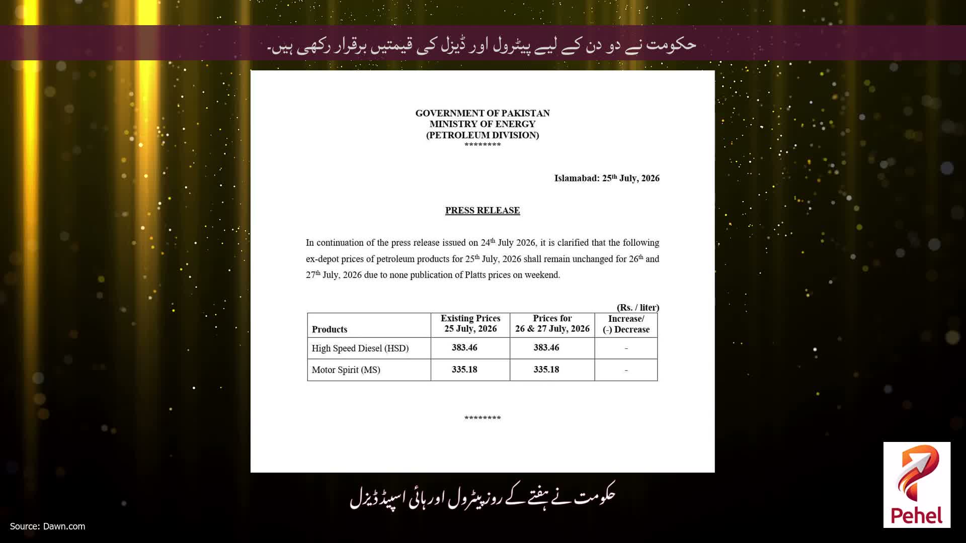 حکومت نے دو دن کے لیے پیٹرول اور ڈیزل کی قیمتیں برقرار رکھی ہیں۔