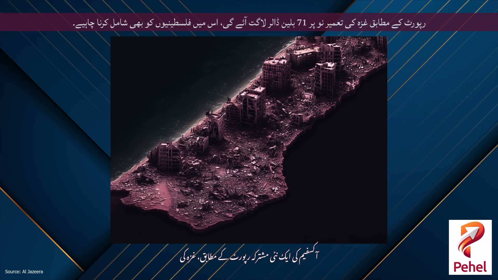 رپورٹ کے مطابق غزہ کی تعمیر نو پر 71 بلین ڈالر لاگت آئے گی، اس میں فلسطینیوں کو بھی شامل کرنا چاہیے۔