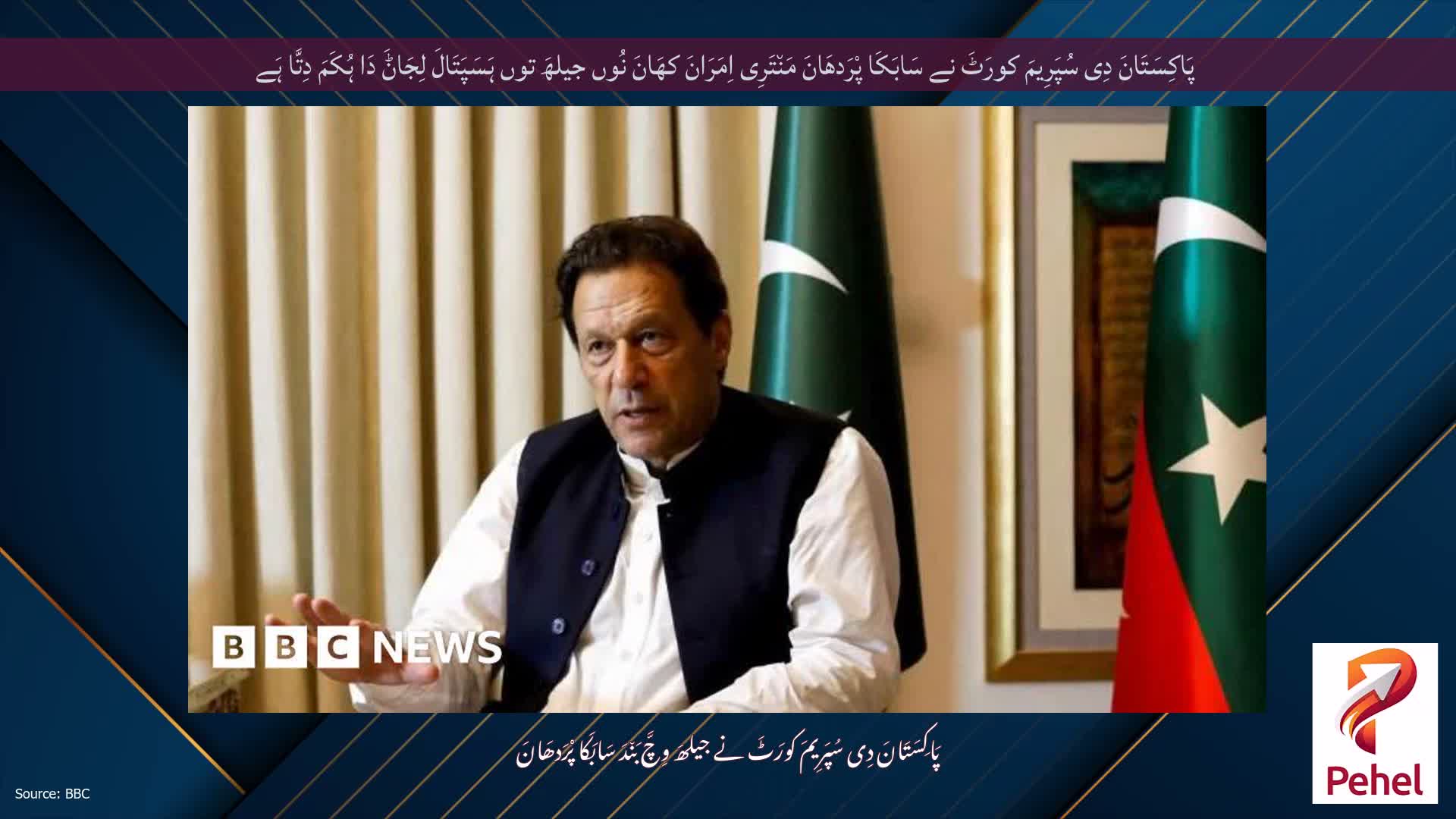 پَاکِسَتَانَ دِی سُپَرِیمَ کورَٹَ نے سَابَکَا پْرَدھَانَ مَن٘تَرِی اِمَرَانَ کھَانَ نُوں جیلھَ توں ہَسَپَتَالَ لِجَاݨَ دَا ہُکَمَ دِتَّا ہَے