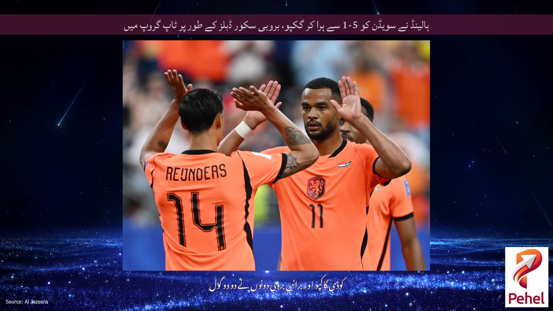 ہالینڈ نے سویڈن کو 5-1 سے ہرا کر گکپو، بروبی سکور ڈبلز کے طور پر ٹاپ گروپ میں