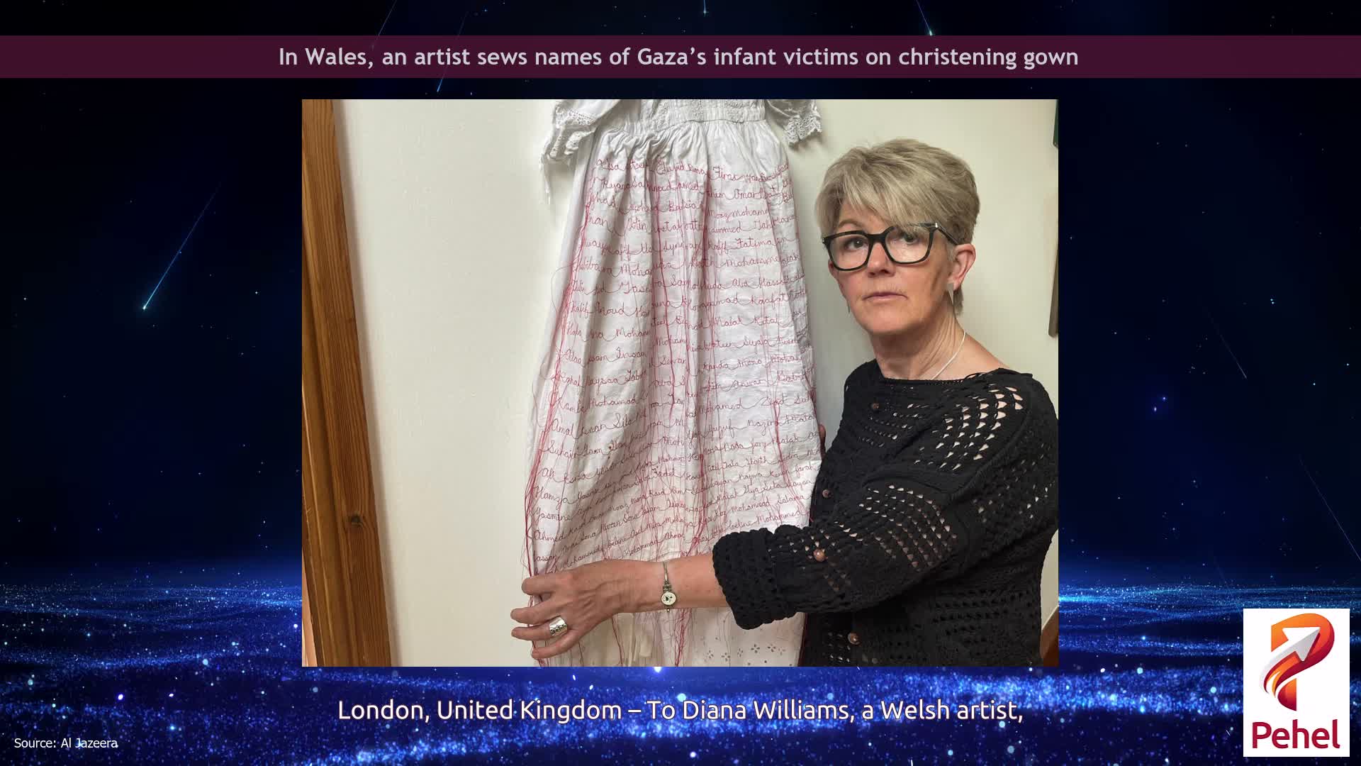 In Wales, an artist sews names of Gaza’s infant victims on christening gown