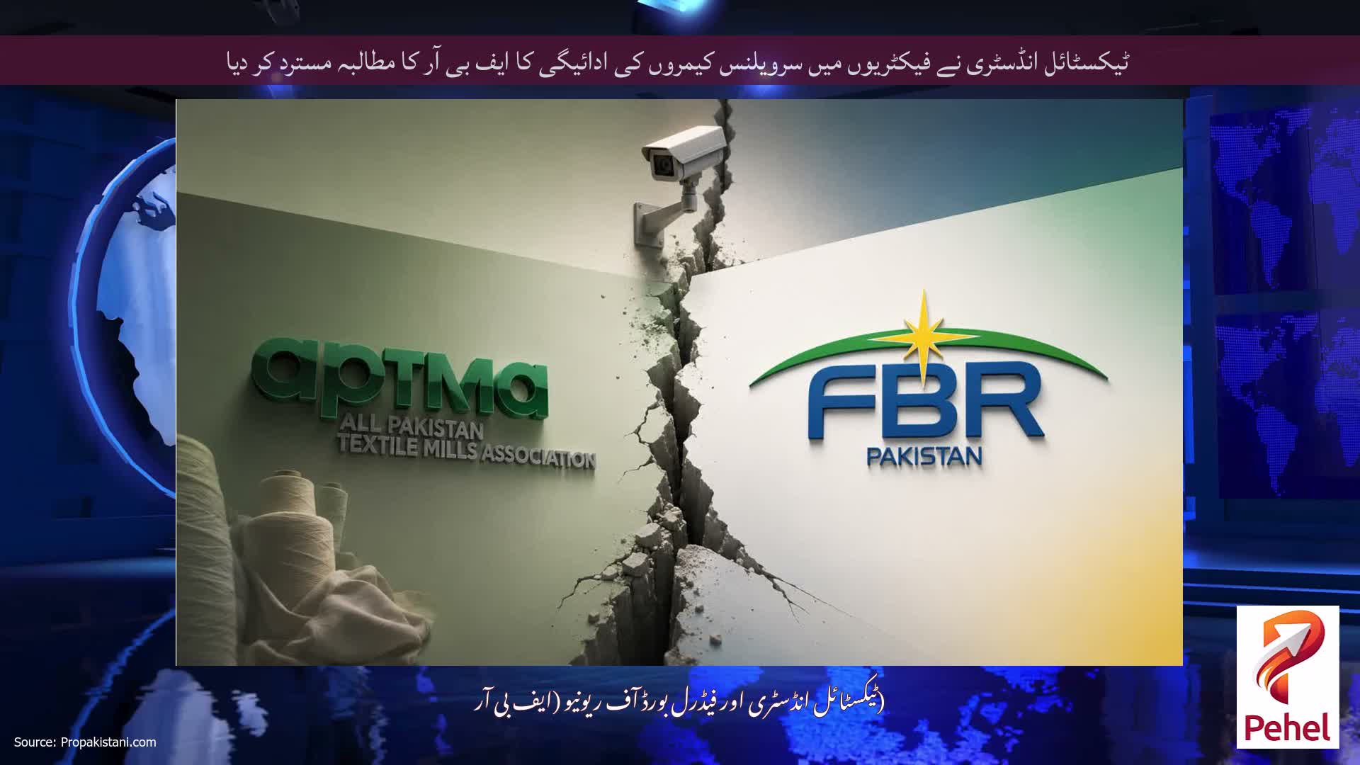 ٹیکسٹائل انڈسٹری نے فیکٹریوں میں سرویلنس کیمروں کی ادائیگی کا ایف بی آر کا مطالبہ مسترد کر دیا