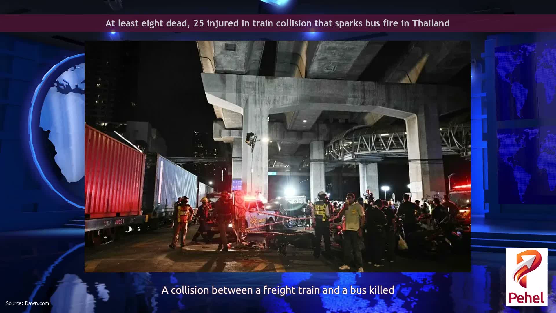 At least eight dead, 25 injured in train collision that sparks bus fire in Thailand