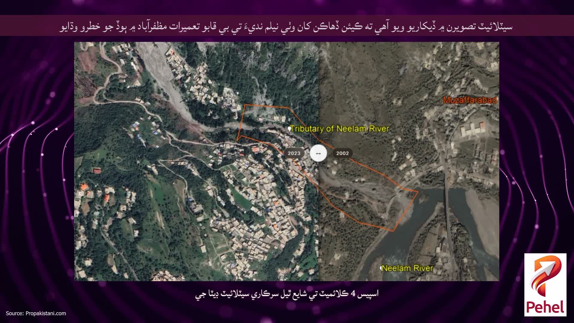 سيٽلائيٽ تصويرن ۾ ڏيکاريو ويو آهي ته ڪيئن ڏهاڪن کان وٺي نيلم نديءَ تي بي قابو تعميرات مظفرآباد ۾ ٻوڏ جو خطرو وڌايو