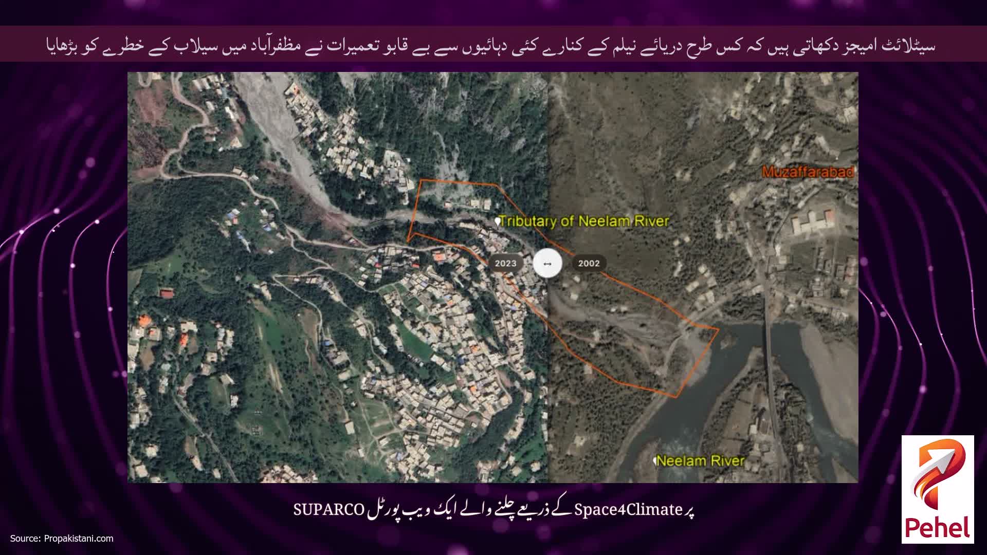 سیٹلائٹ امیجز دکھاتی ہیں کہ کس طرح دریائے نیلم کے کنارے کئی دہائیوں سے بے قابو تعمیرات نے مظفرآباد میں سیلاب کے خطرے کو بڑھایا