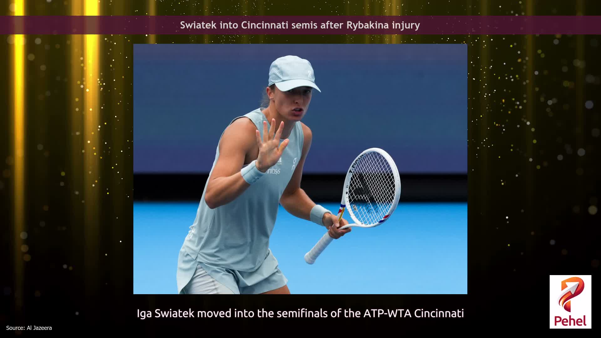 Swiatek into Cincinnati semis after Rybakina injury