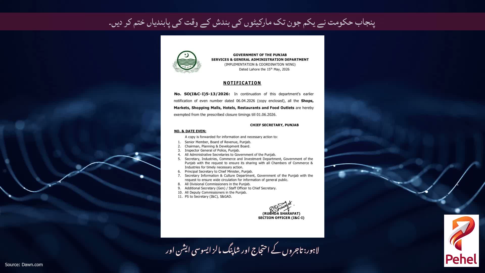 پنجاب حکومت نے یکم جون تک مارکیٹوں کی بندش کے وقت کی پابندیاں ختم کر دیں۔