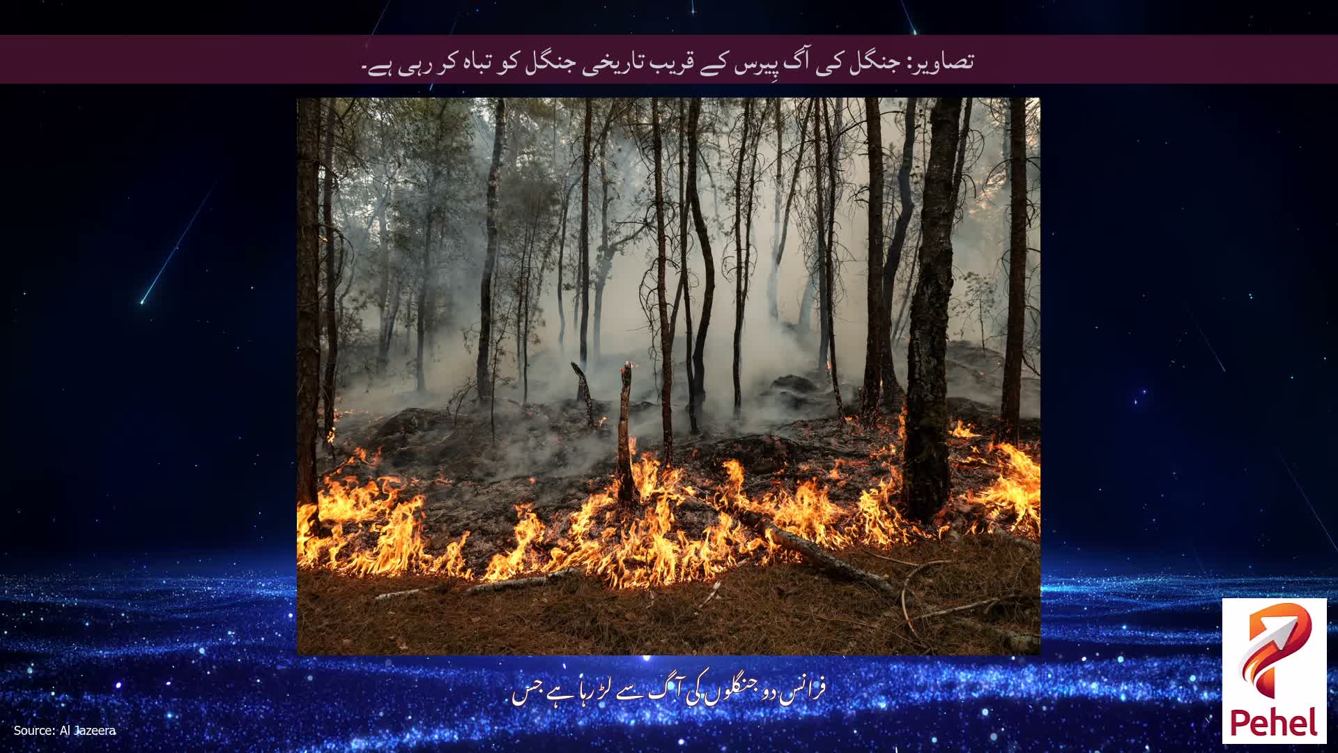 تصاویر: جنگل کی آگ پِیرس کے قریب تاریخی جنگل کو تباہ کر رہی ہے۔