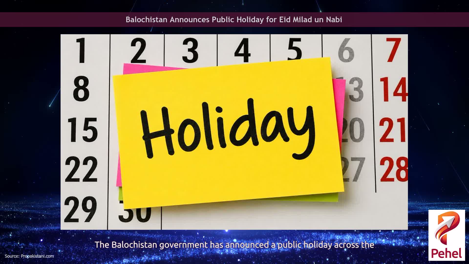 Balochistan Announces Public Holiday for Eid Milad un Nabi