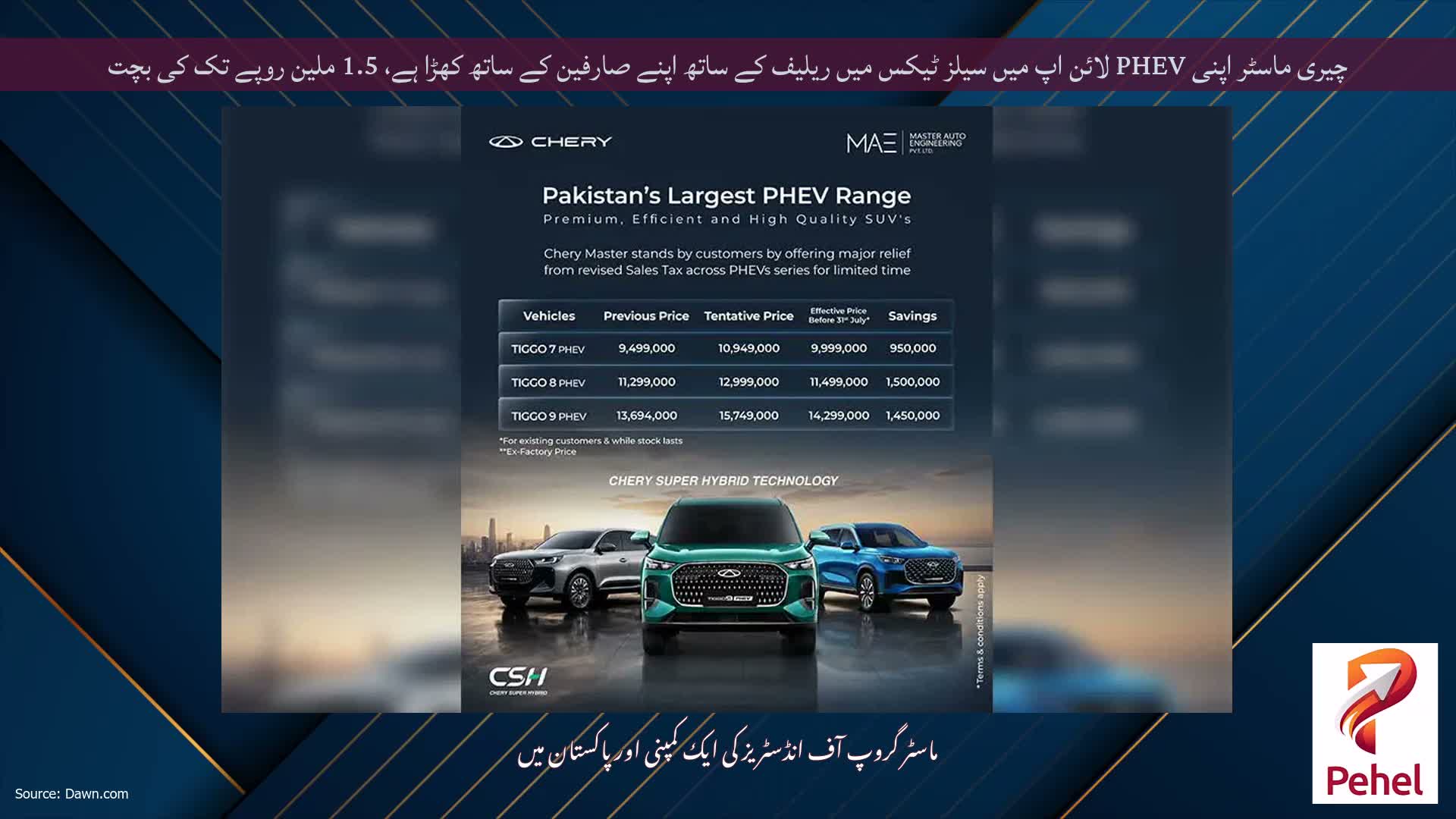 چیری ماسٹر اپنی PHEV لائن اپ میں سیلز ٹیکس میں ریلیف کے ساتھ اپنے صارفین کے ساتھ کھڑا ہے، 1.5 ملین روپے تک کی بچت