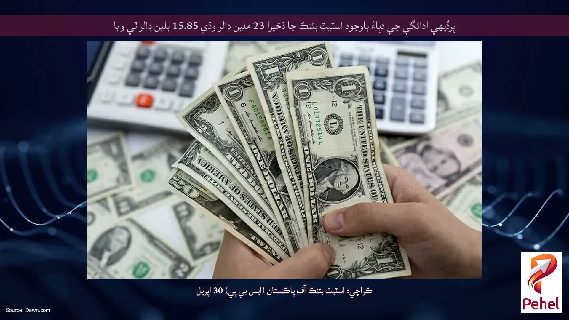 پرڏيهي ادائگي جي دٻاءُ باوجود اسٽيٽ بئنڪ جا ذخيرا 23 ملين ڊالر وڌي 15.85 بلين ڊالر ٿي ويا