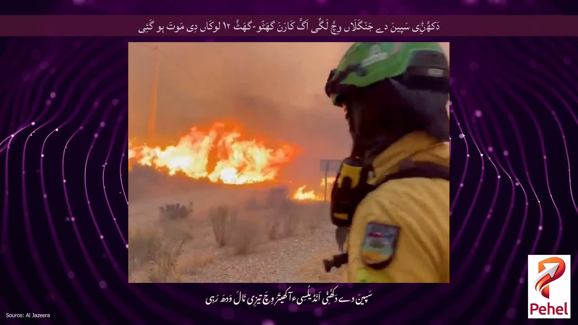 دَکھَّݨِی سَپینَ دے جَن٘گَلَاں وِچَّ لَگِّی اَگَّ کَارَنَ گھَٹّو-گھَٹَّ ۱۲ لوکَاں دِی مَوتَ ہو گَئِی