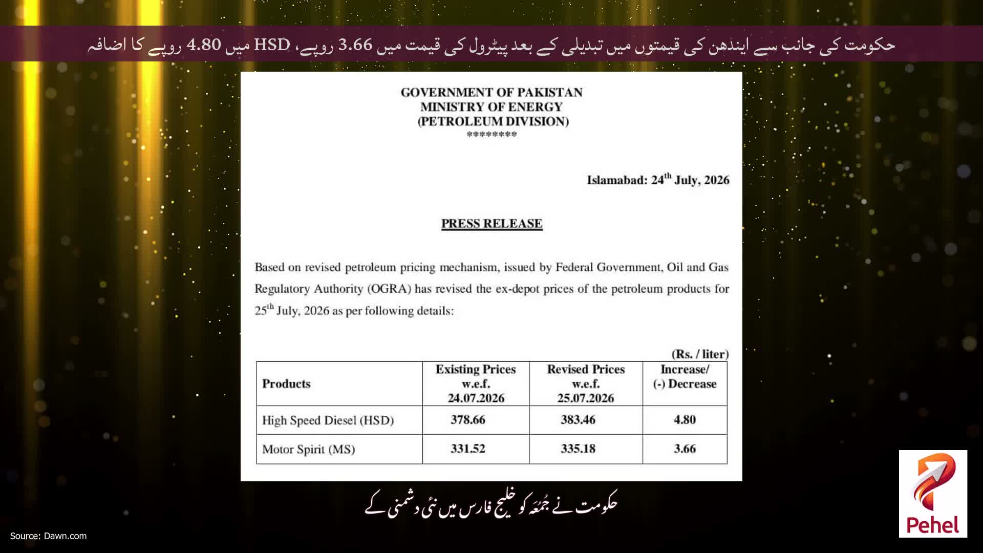 حکومت کی جانب سے ایندھن کی قیمتوں میں تبدیلی کے بعد پیٹرول کی قیمت میں 3.66 روپے، HSD میں 4.80 روپے کا اضافہ