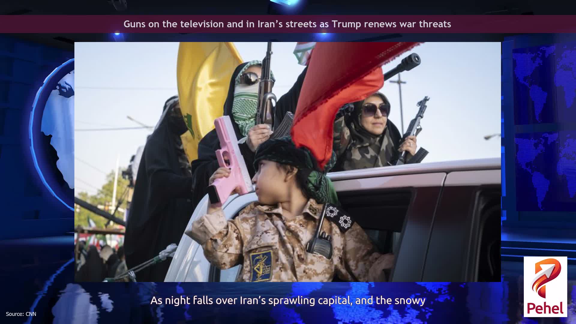 Guns on the television and in Iran’s streets as Trump renews war threats
