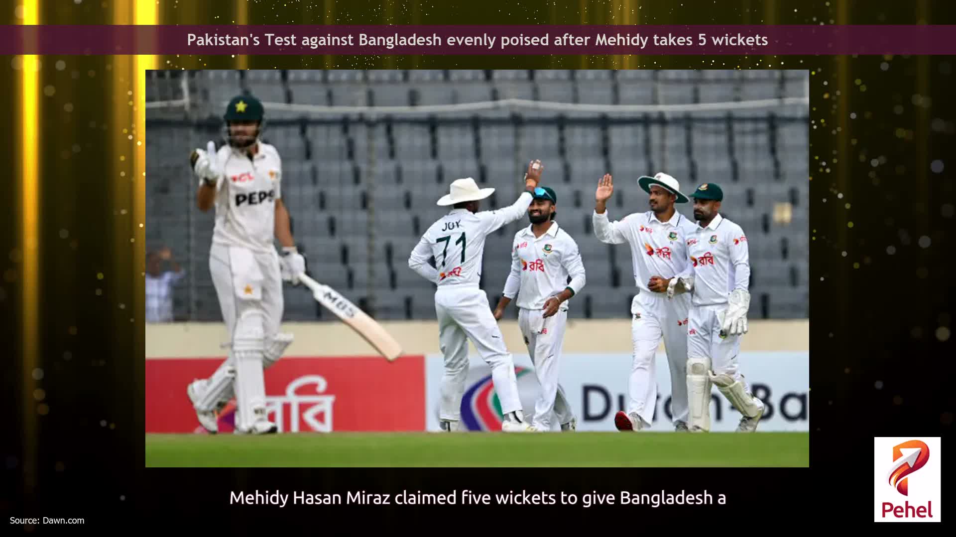 Pakistan's Test against Bangladesh evenly poised after Mehidy takes 5 wickets