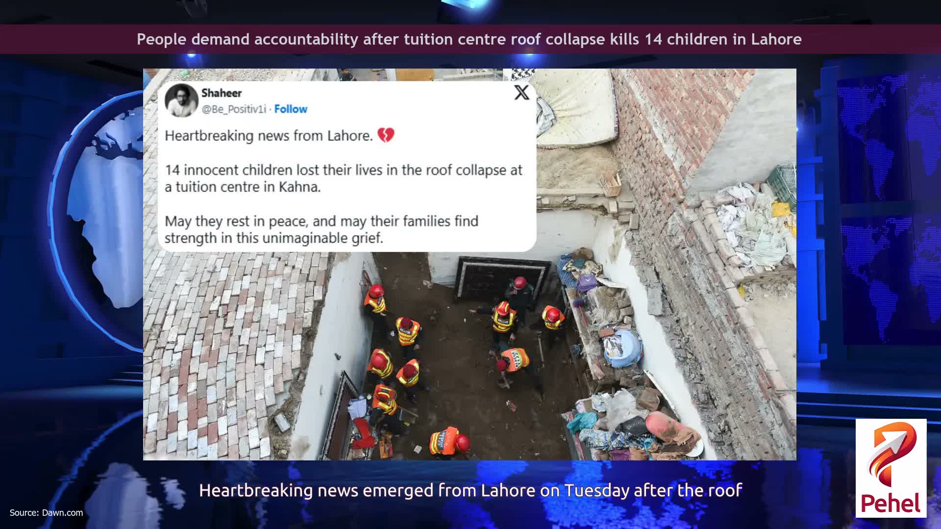 People demand accountability after tuition centre roof collapse kills 14 children in Lahore
